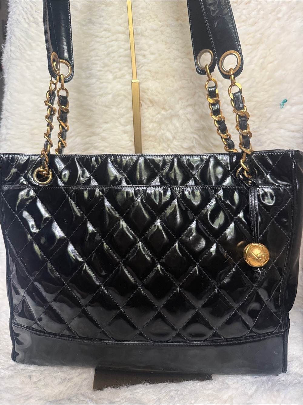 CHANEL Black Quilted Patent Leather Chain-Handled Tote